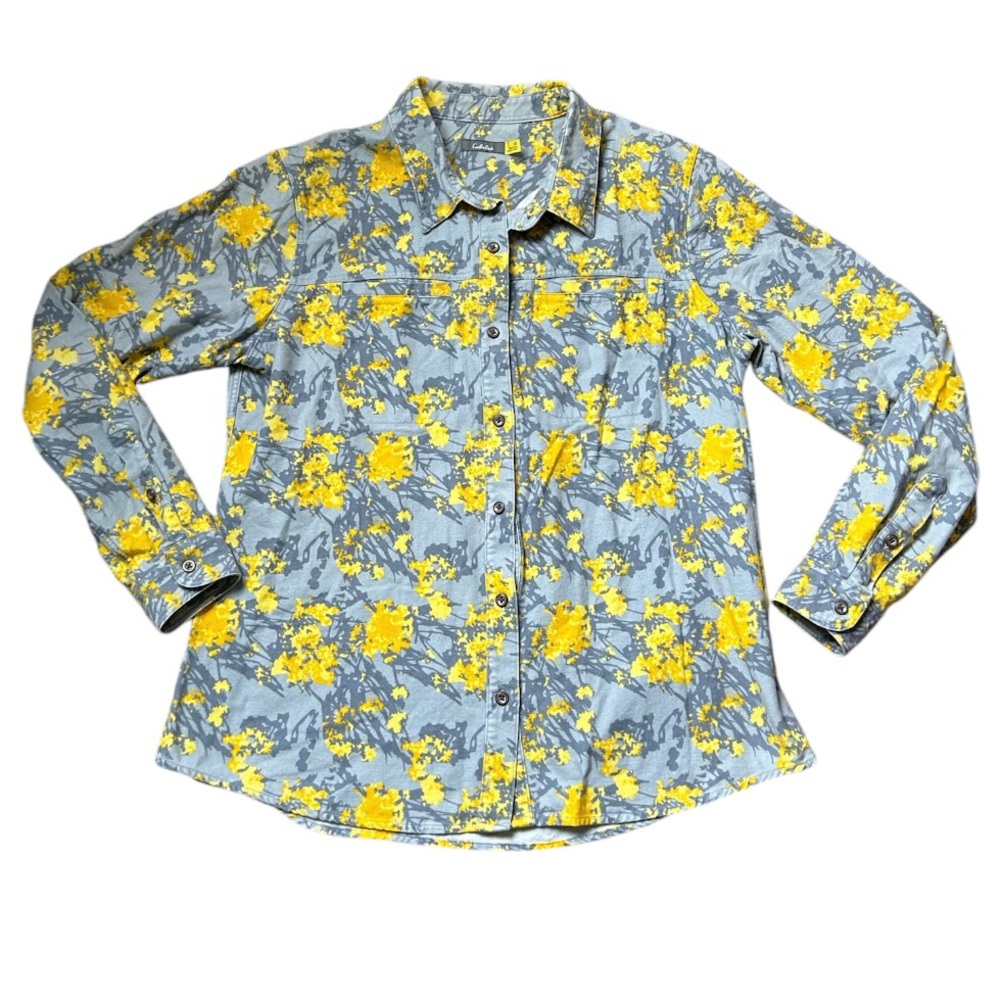 Cabela's Yellow and Gray Floral Brushed Flannel Button Down Shirt Size Large